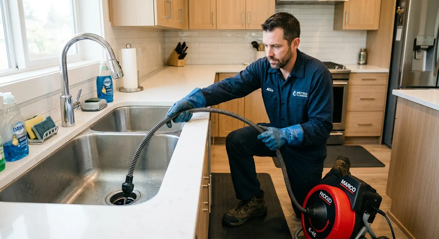 Drain cleaning technician using a motorized snake on a kitchen sink in Ewa Villages