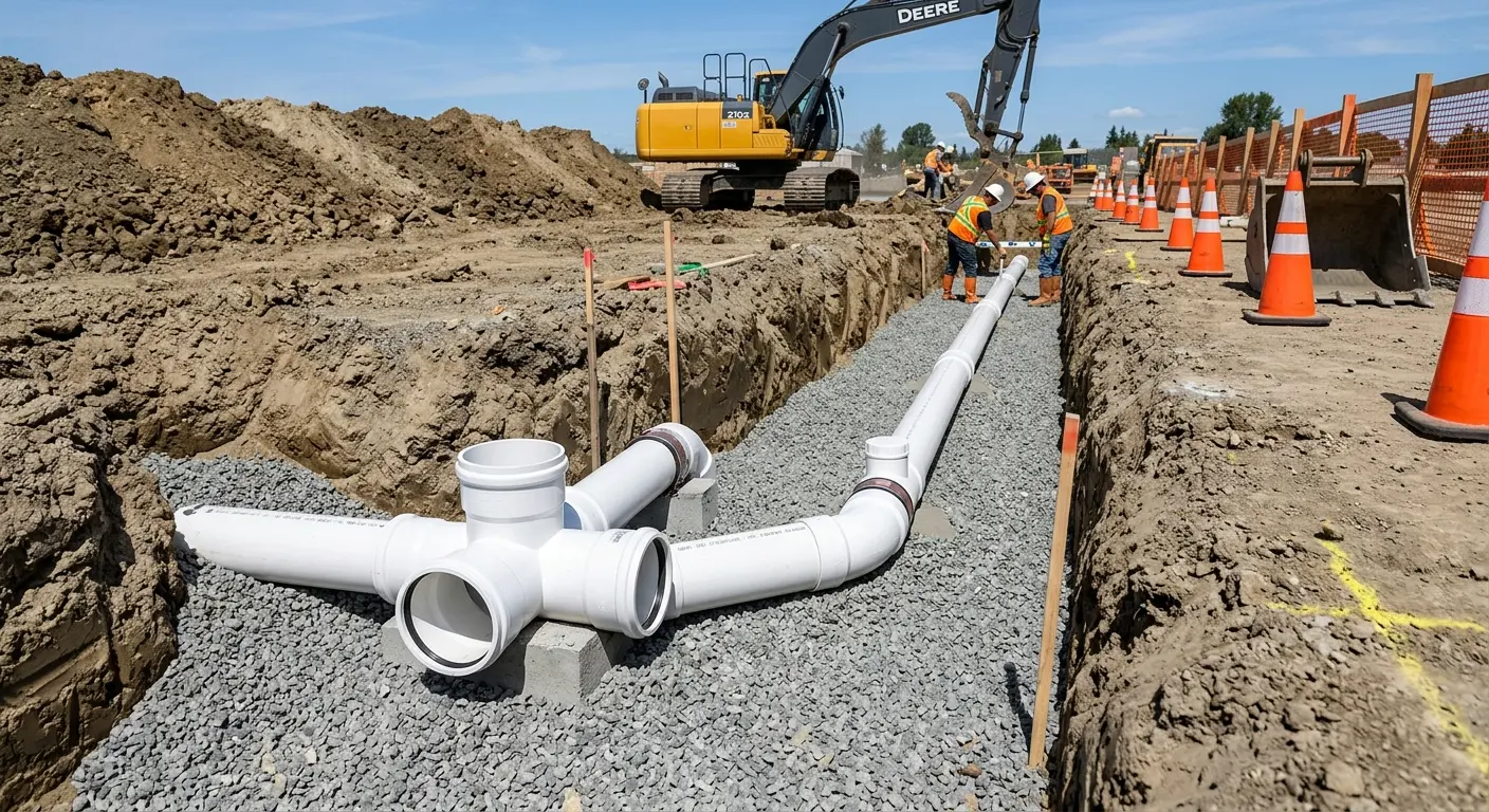 New PVC sewer pipe installation in open trench for Grease Trap Cleaning in Ewa Villages