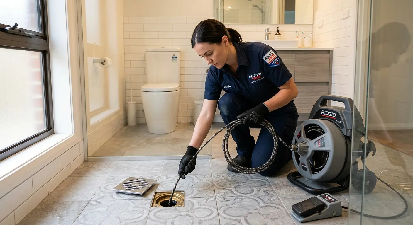 Technician clearing a bathroom floor drain for Sewer Line Replacement in Ewa Villages